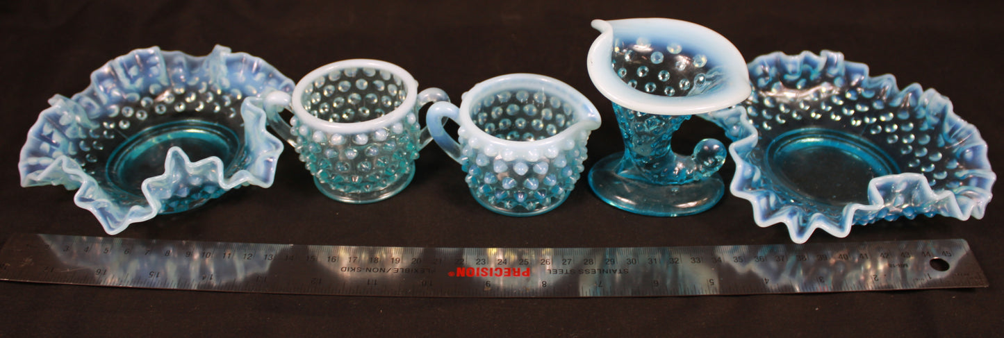Stunning Vintage Blue Opalescent Hobnail Glass 5-Piece Set