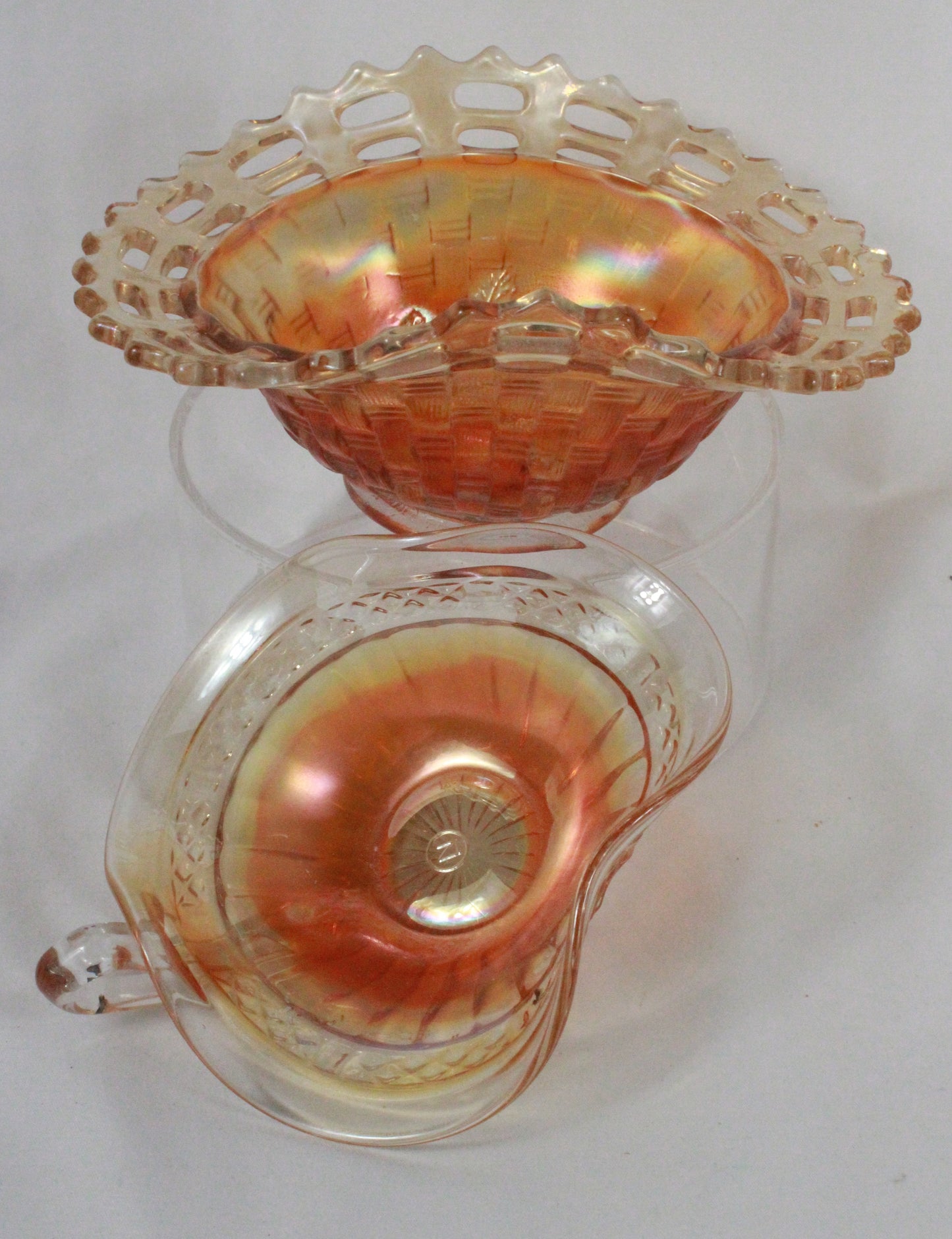 Marigold Carnival Glass Bowl and Bonbon Dish Set