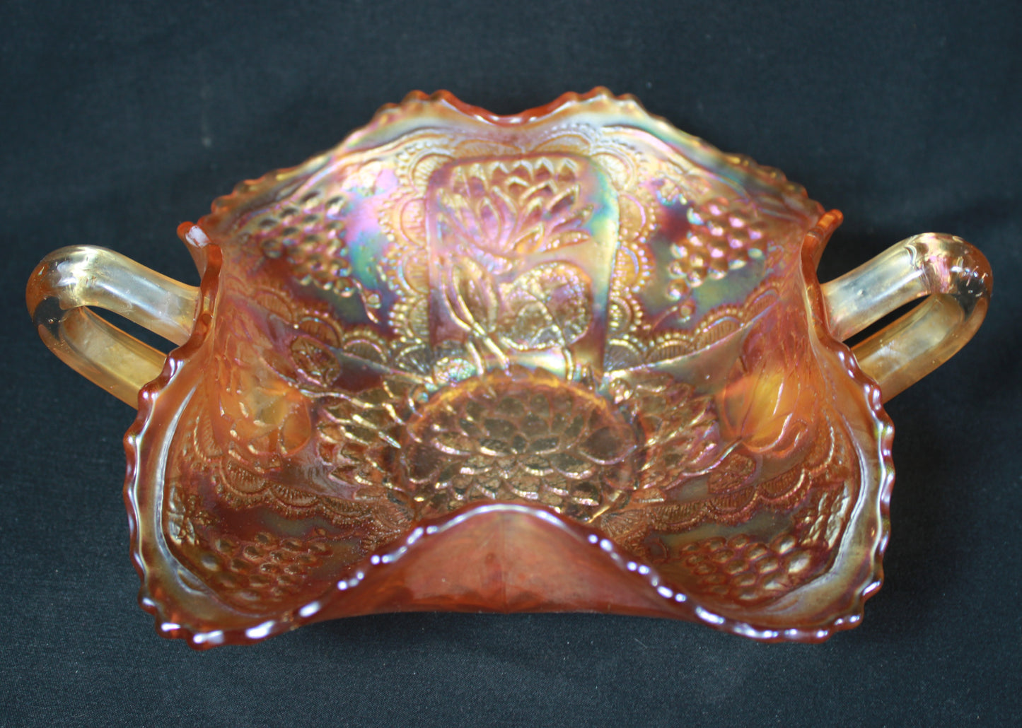Marigold Carnival Glass Lotus and Grape Bonbon Dish