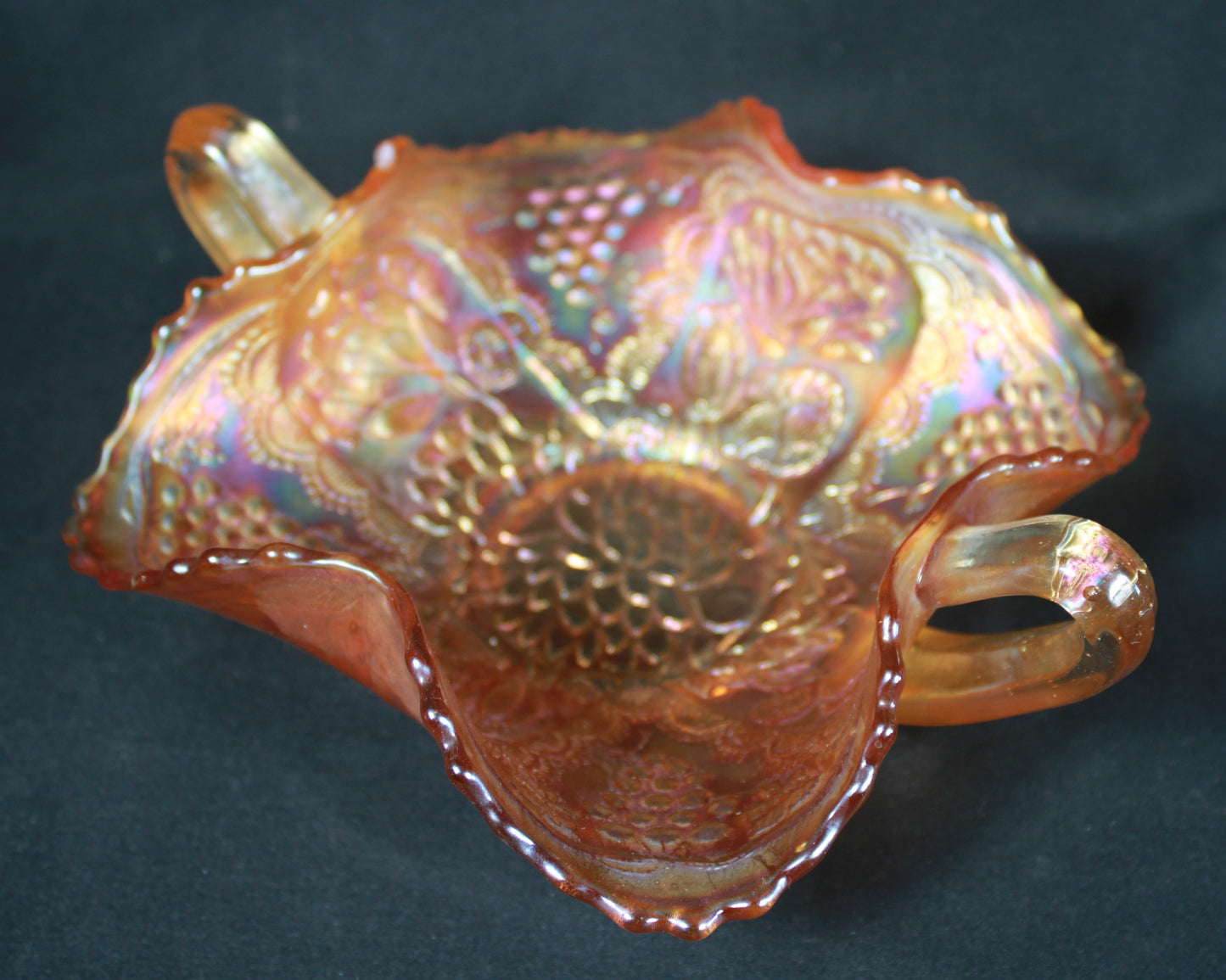Marigold Carnival Glass Lotus and Grape Bonbon Dish