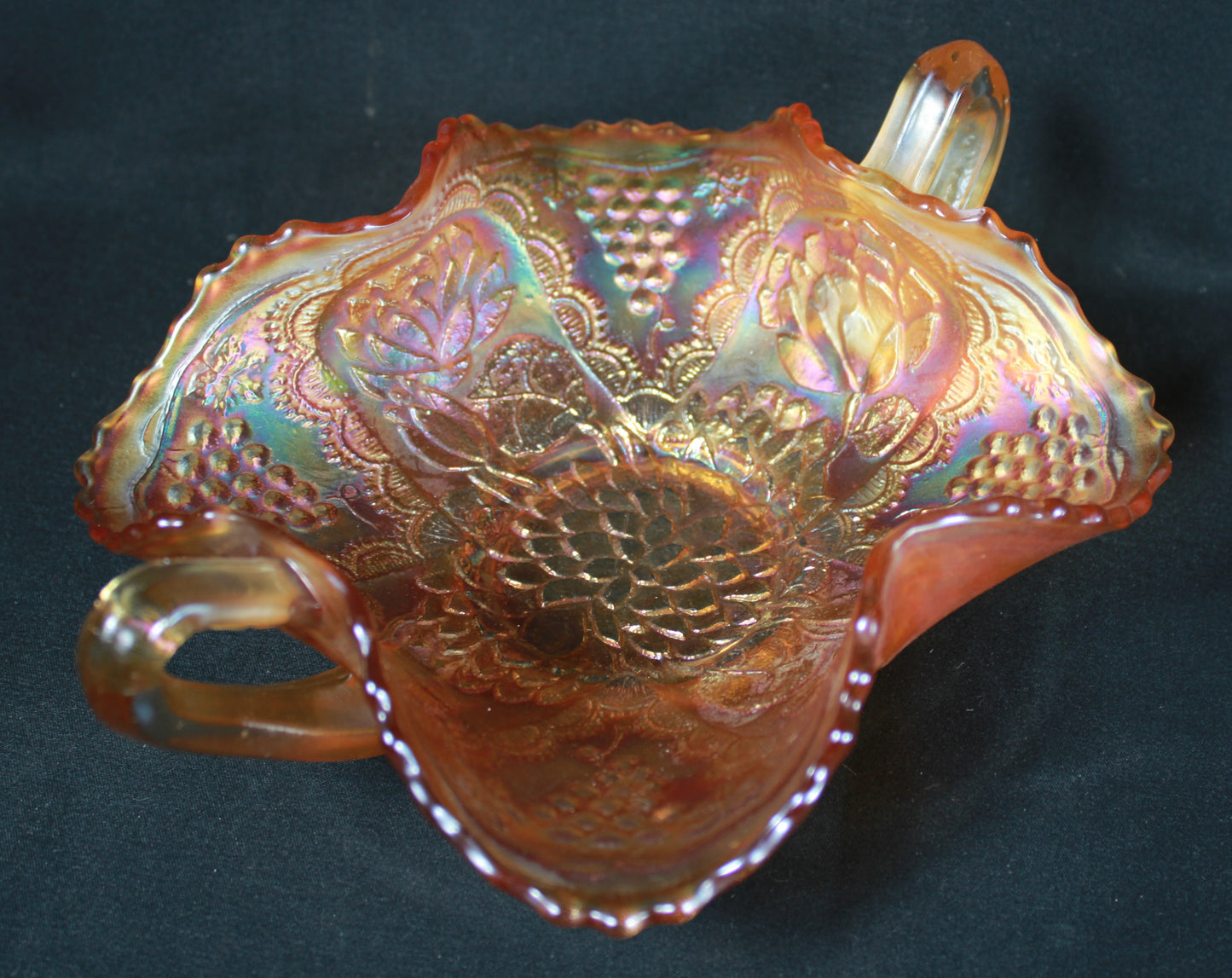 Marigold Carnival Glass Lotus and Grape Bonbon Dish