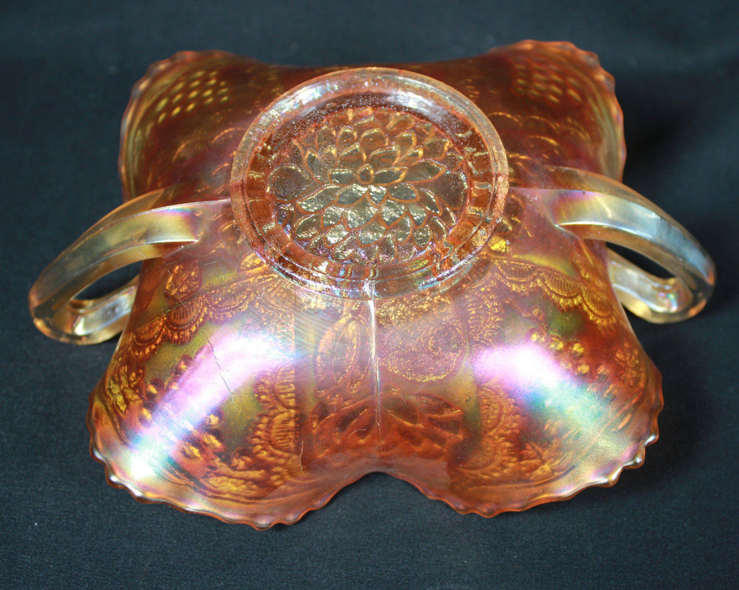 Marigold Carnival Glass Lotus and Grape Bonbon Dish