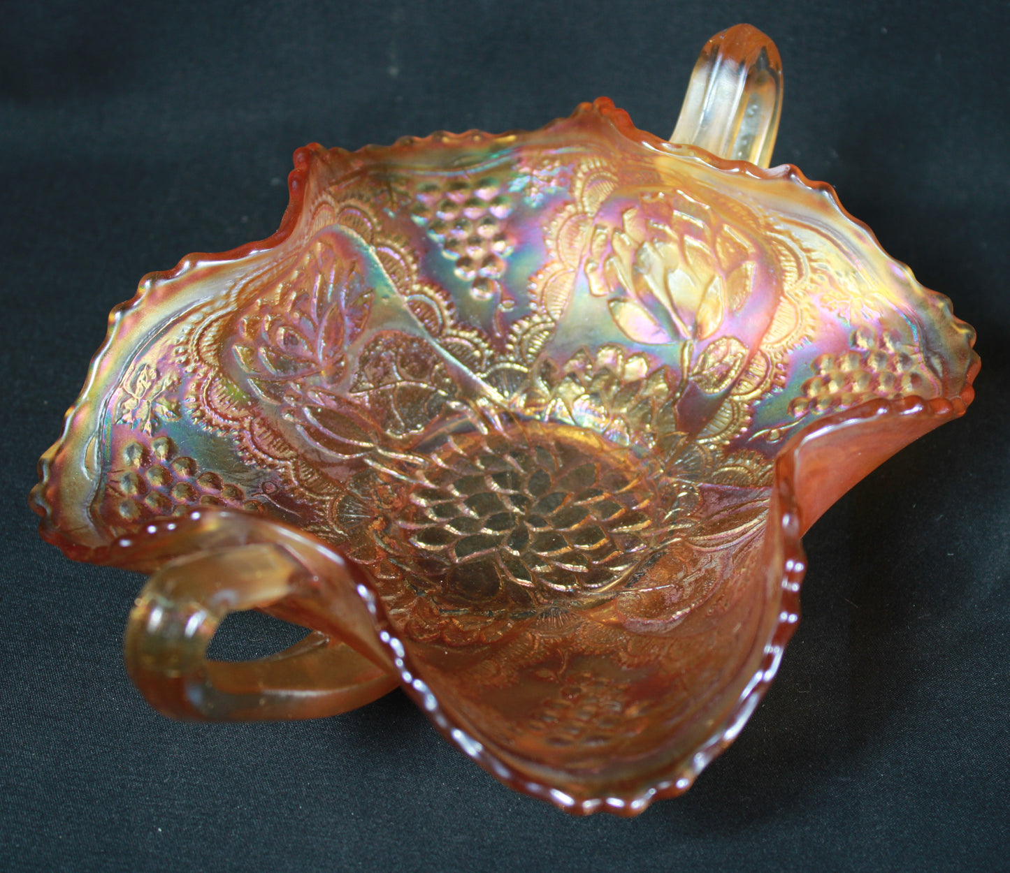 Marigold Carnival Glass Lotus and Grape Bonbon Dish