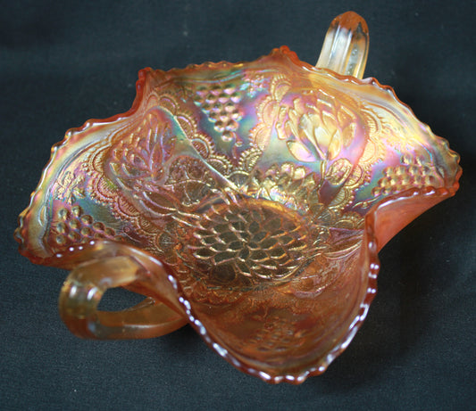 Marigold Carnival Glass Lotus and Grape Bonbon Dish