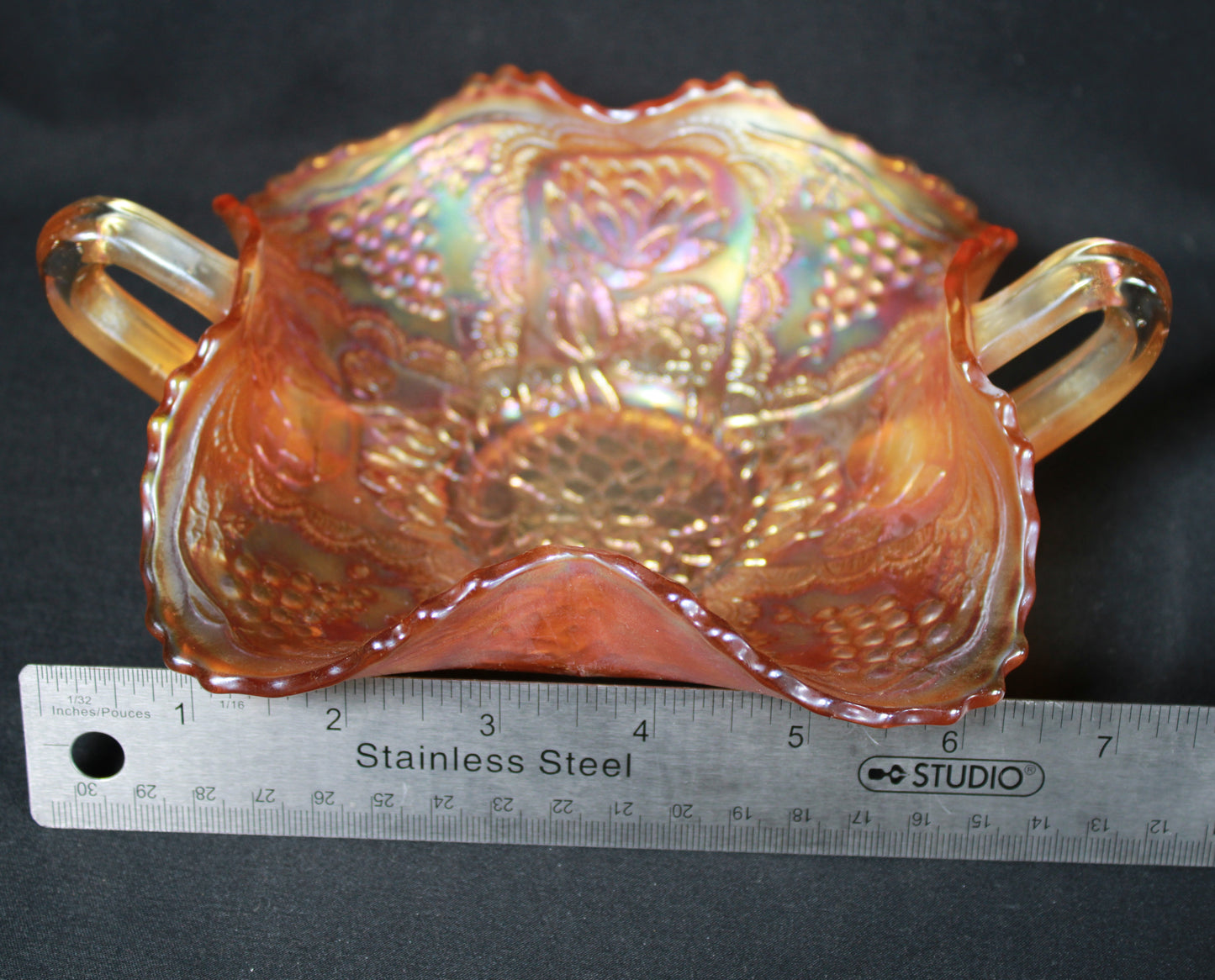 Marigold Carnival Glass Lotus and Grape Bonbon Dish