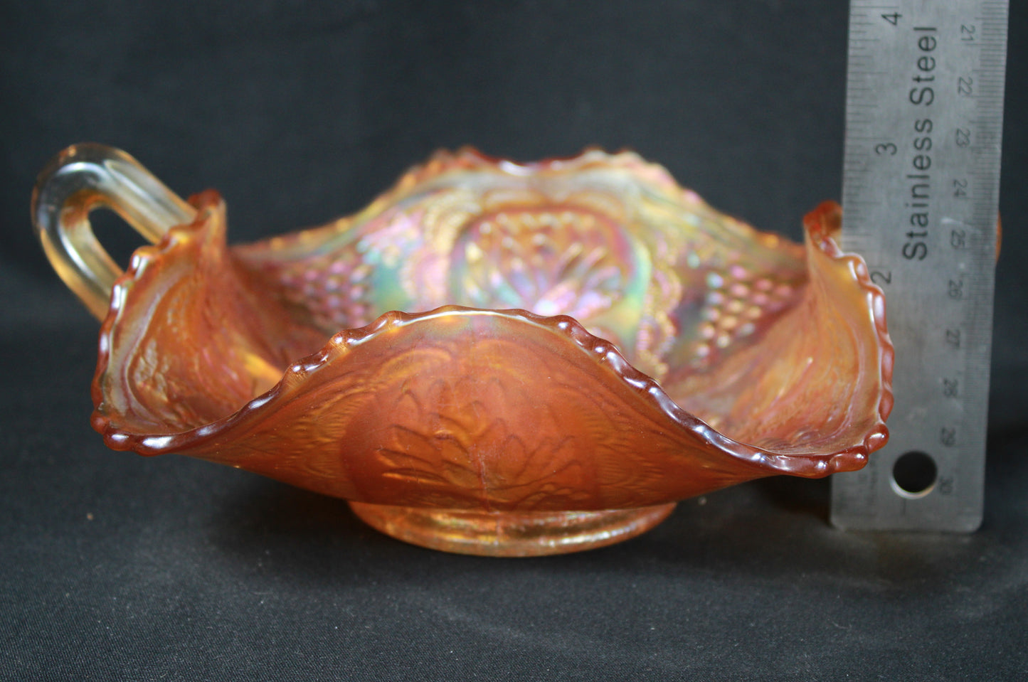 Marigold Carnival Glass Lotus and Grape Bonbon Dish