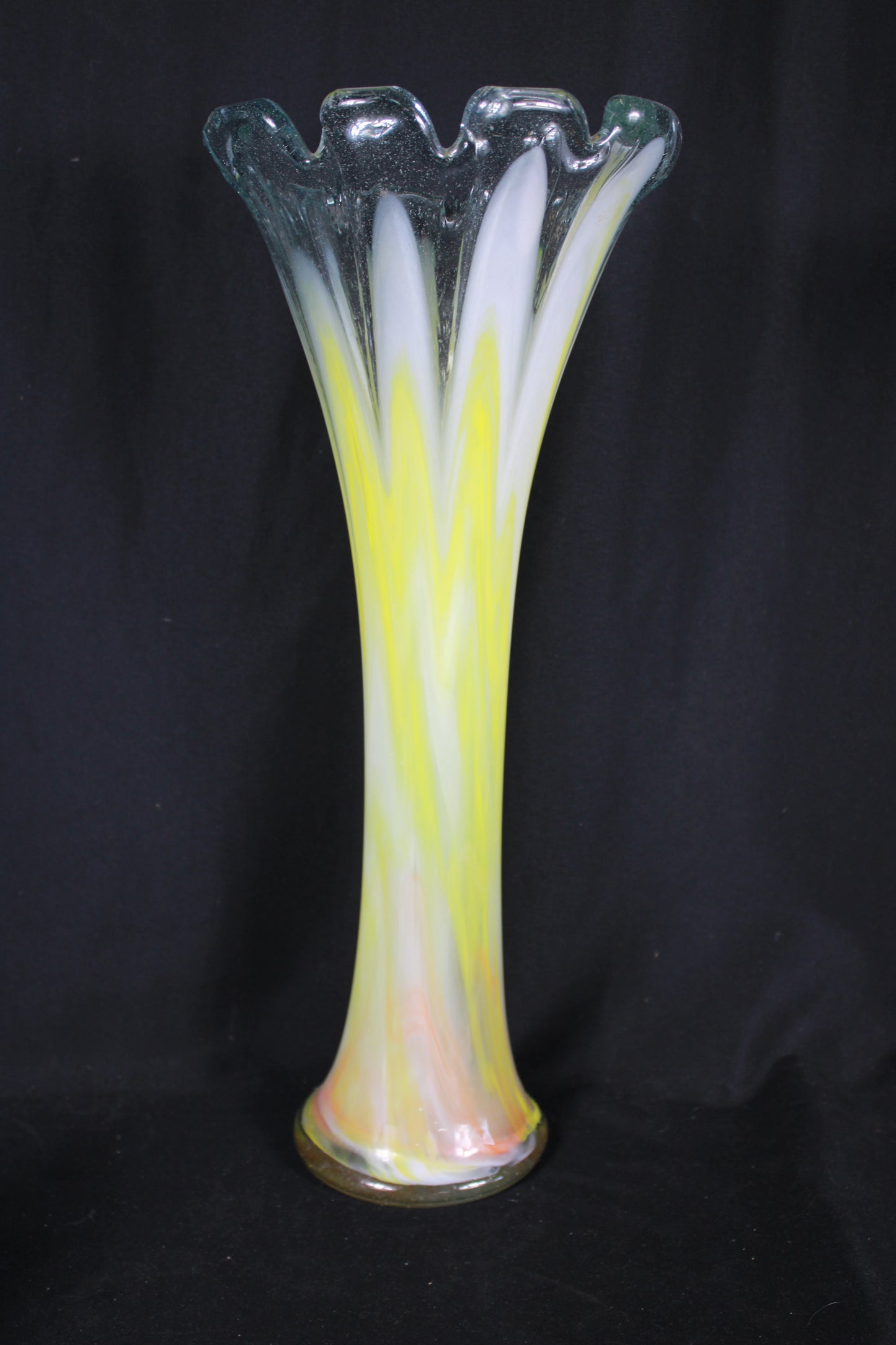 Large Hand-Blown Art Glass Vase with Ruffled Rim and Pulled Feather Design