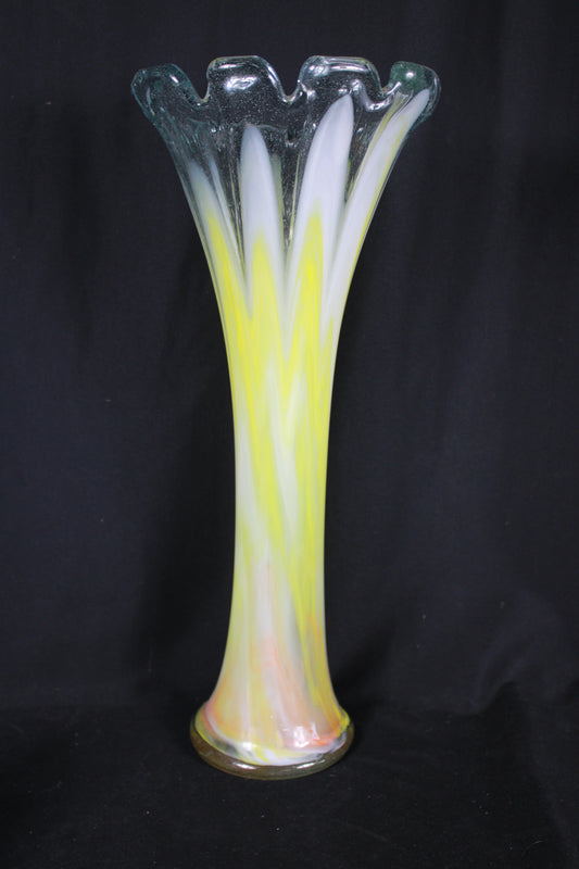 Large Hand-Blown Art Glass Vase with Ruffled Rim and Pulled Feather Design