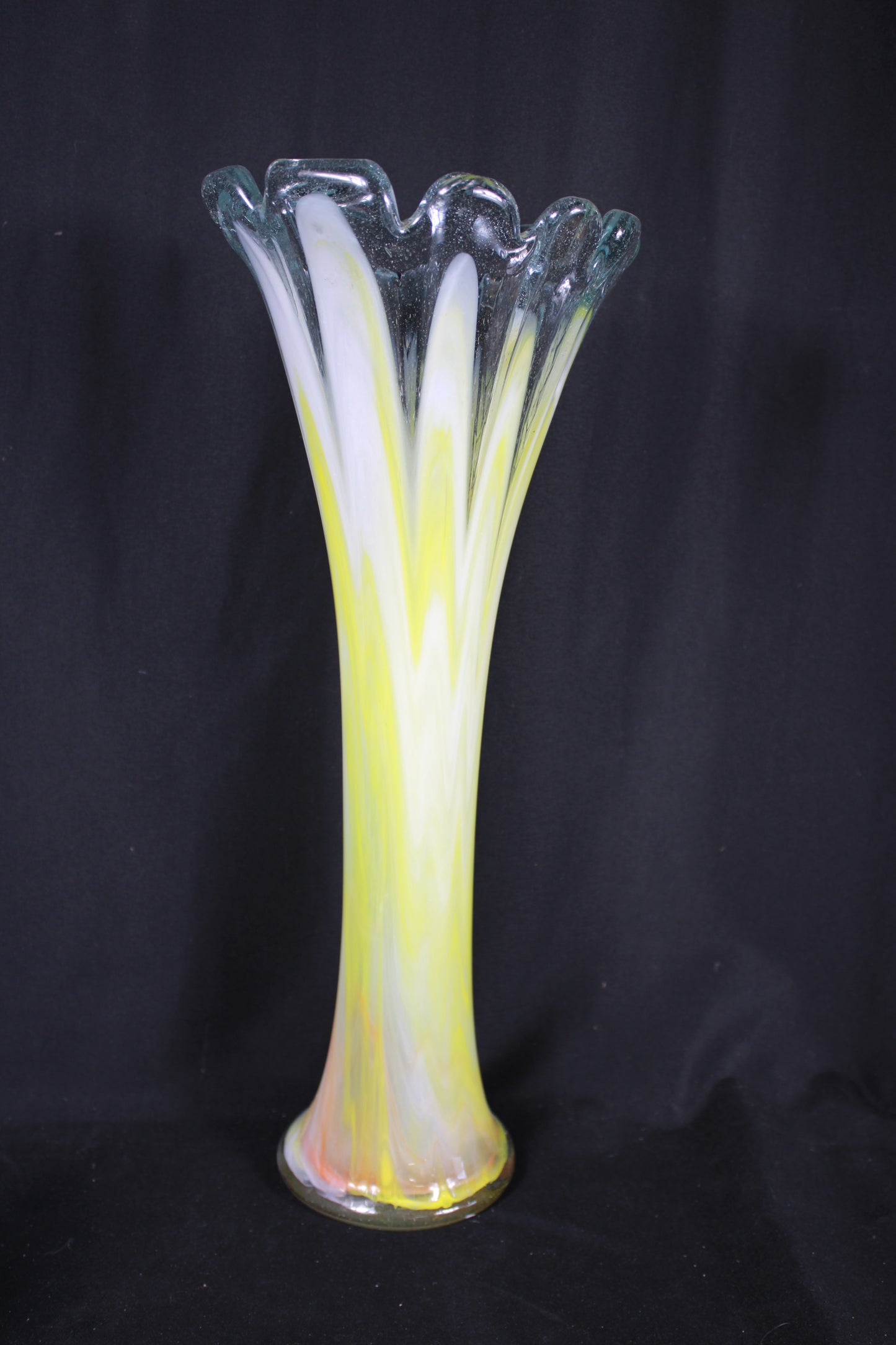 Large Hand-Blown Art Glass Vase with Ruffled Rim and Pulled Feather Design