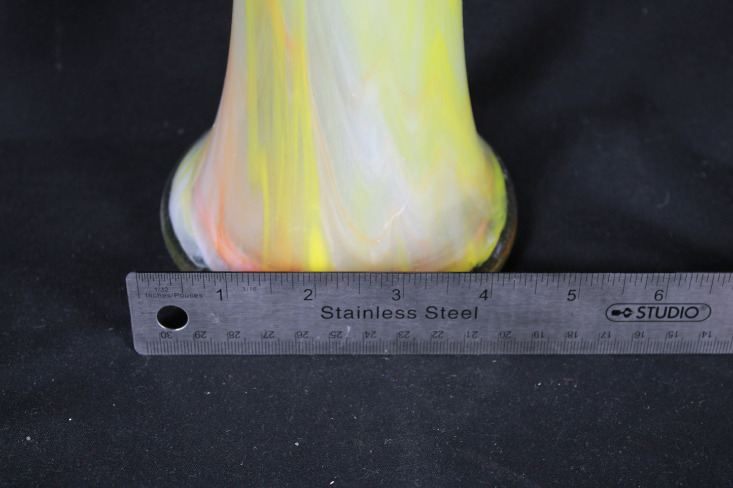 Large Hand-Blown Art Glass Vase with Ruffled Rim and Pulled Feather Design