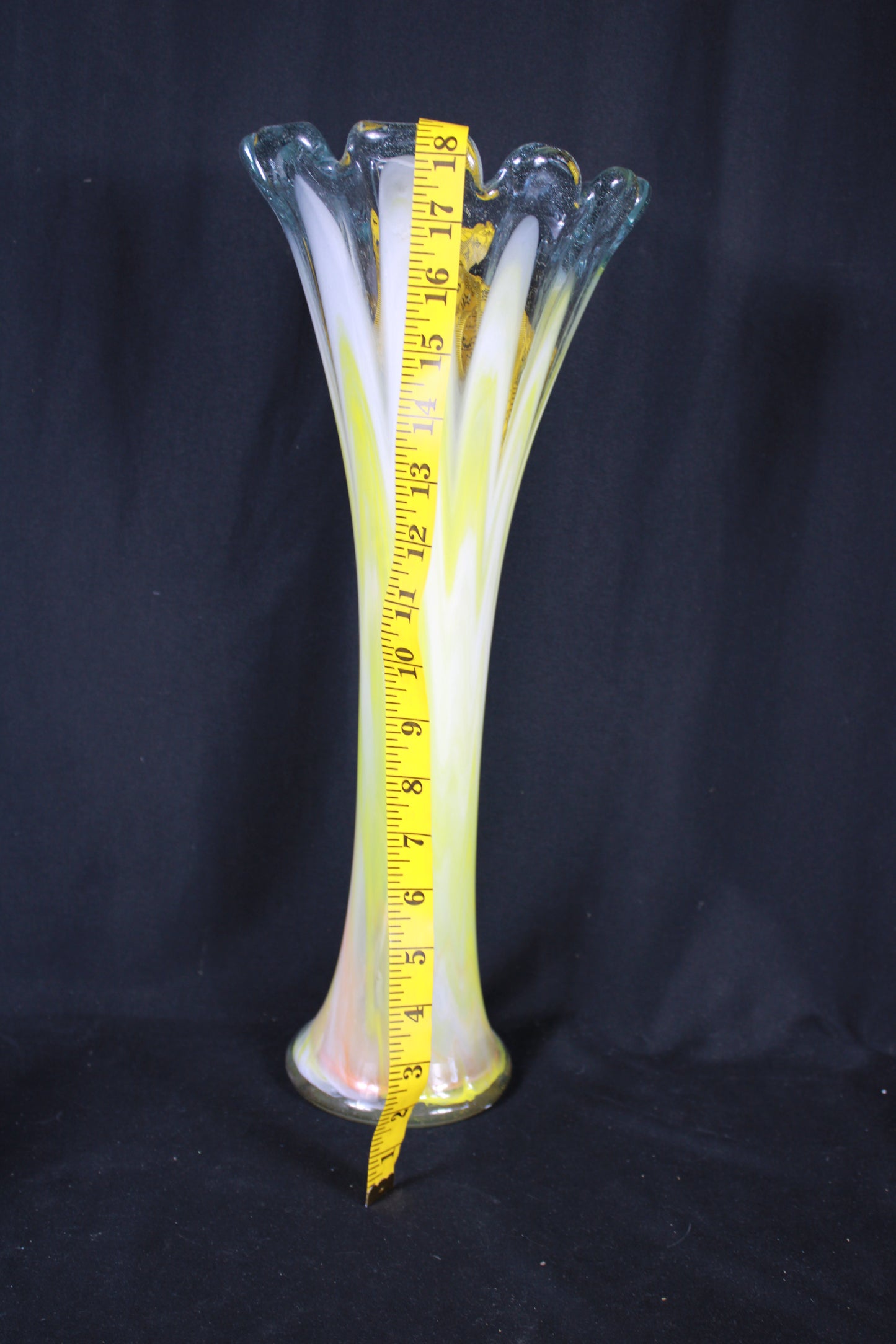 Large Hand-Blown Art Glass Vase with Ruffled Rim and Pulled Feather Design