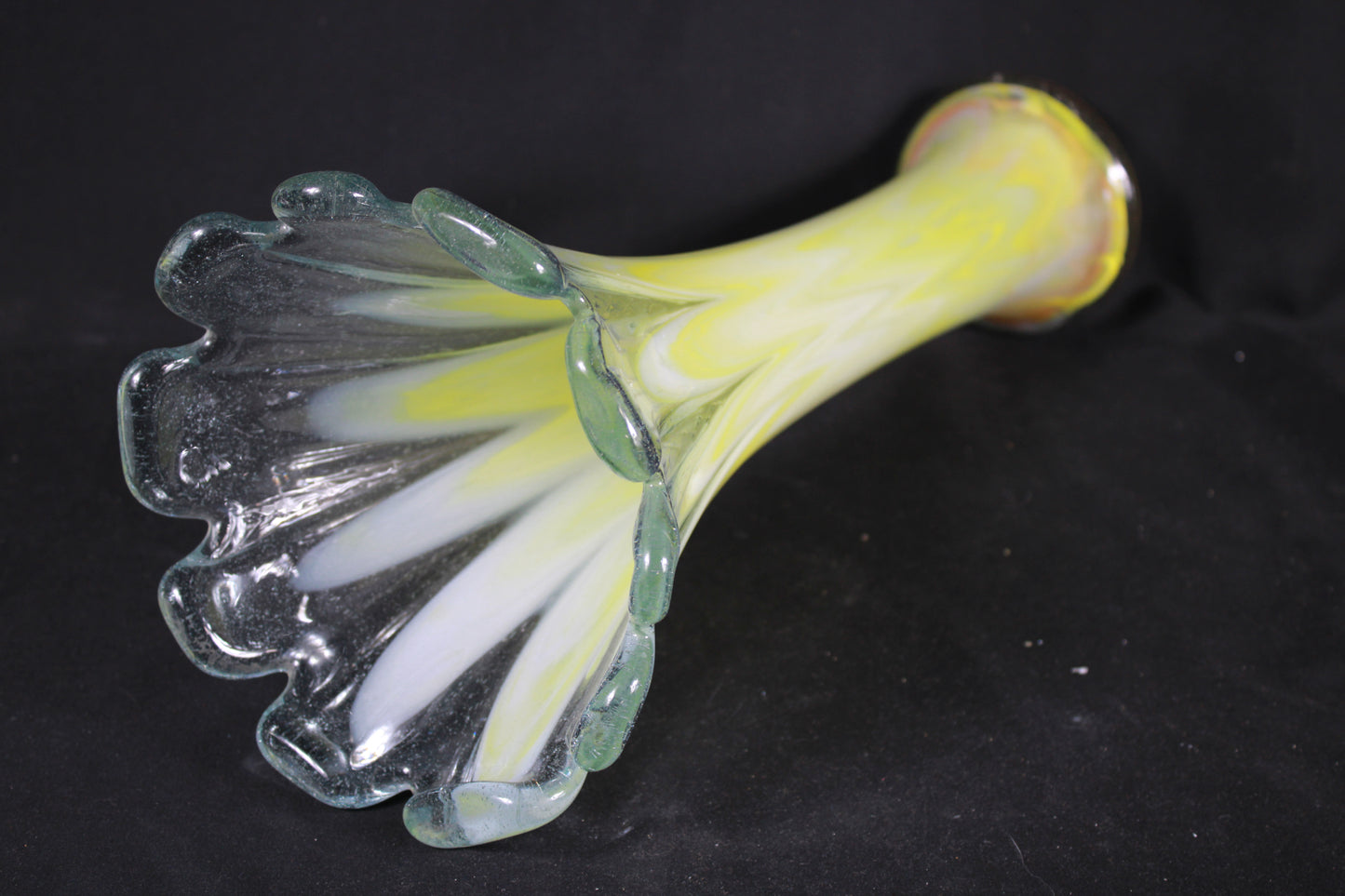 Large Hand-Blown Art Glass Vase with Ruffled Rim and Pulled Feather Design