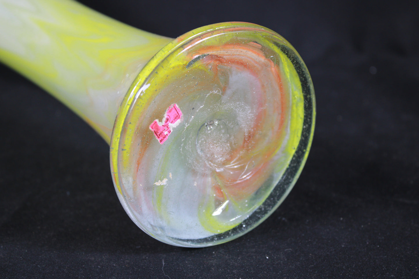 Large Hand-Blown Art Glass Vase with Ruffled Rim and Pulled Feather Design