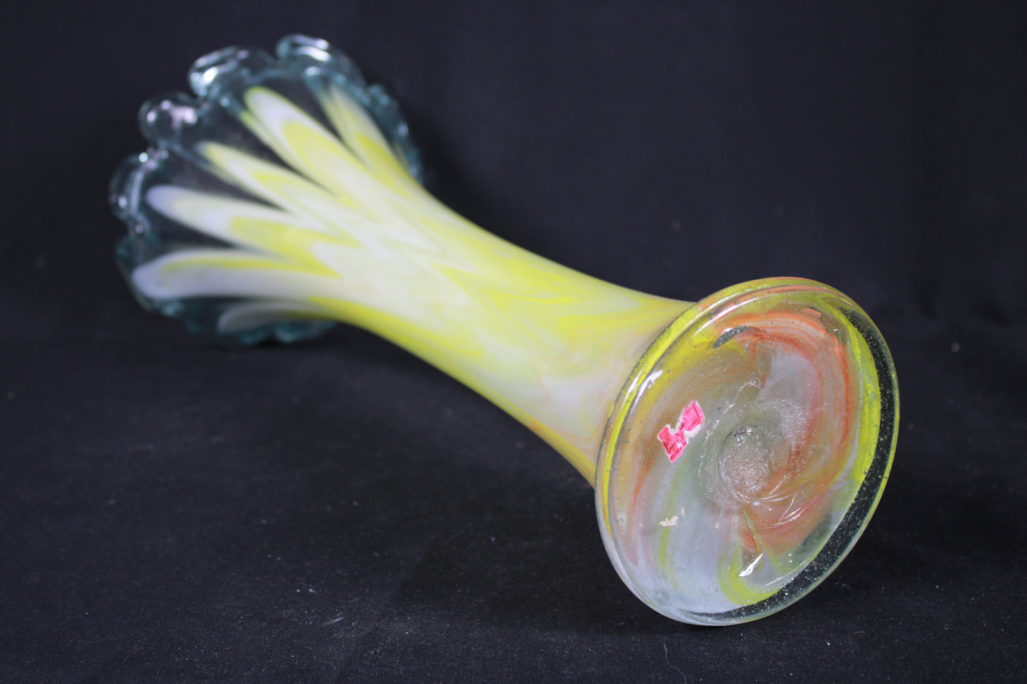 Large Hand-Blown Art Glass Vase with Ruffled Rim and Pulled Feather Design