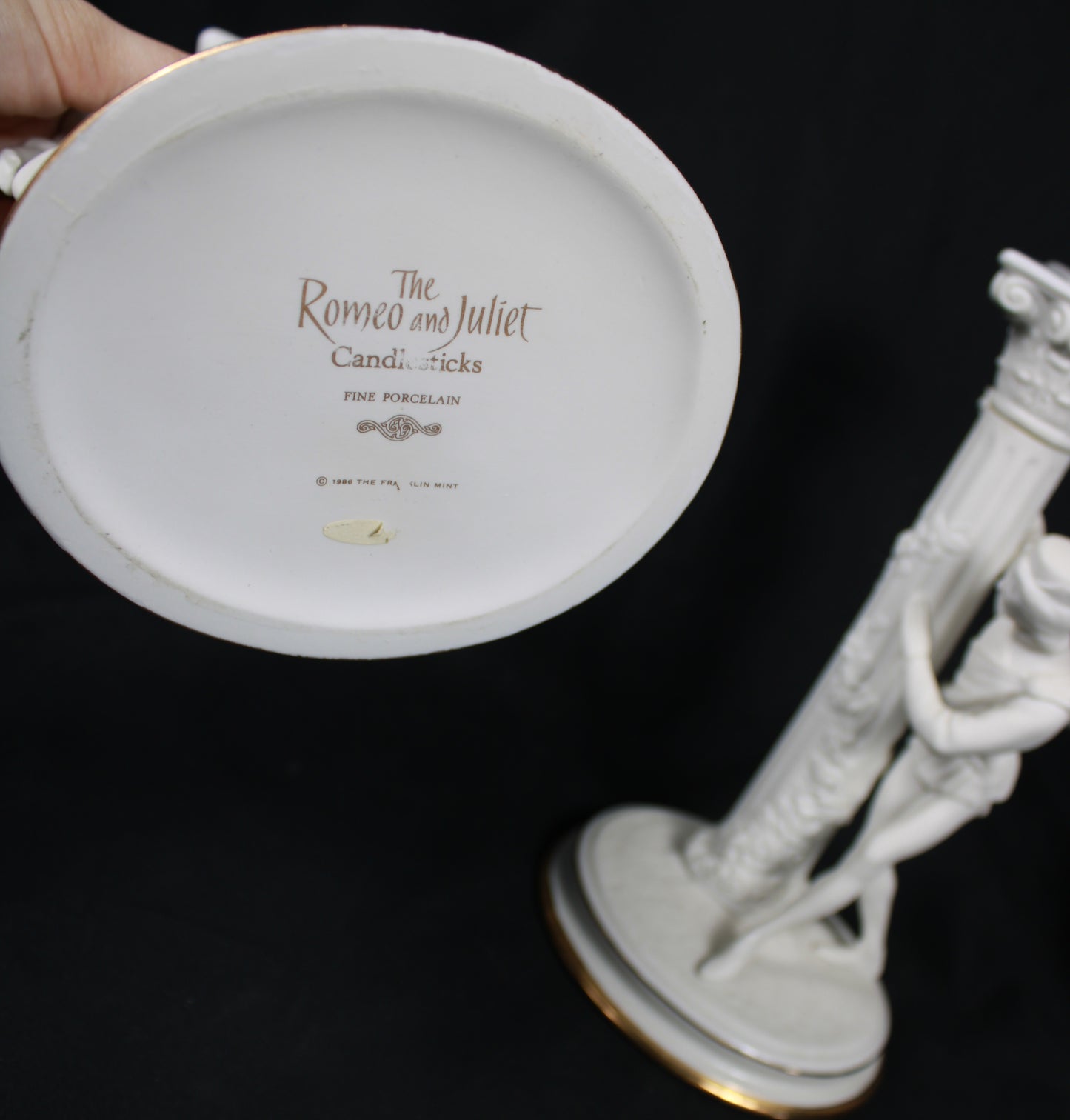 Vintage 1986 Franklin Mint Romeo and Juliet Fine Porcelain Candlesticks Pair