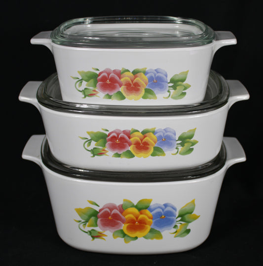 Vintage Corning Ware Summer Blush 3-Piece Casserole Set with Pyrex Glass Lids
