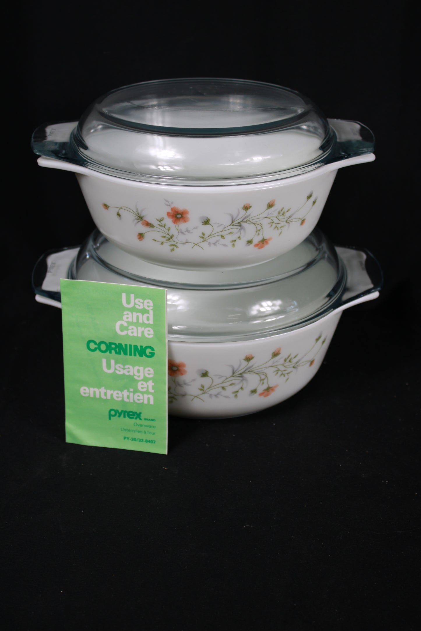 Vintage JAJ Pyrex England Wildflower Casserole Dishes - Set of 2 with Lids