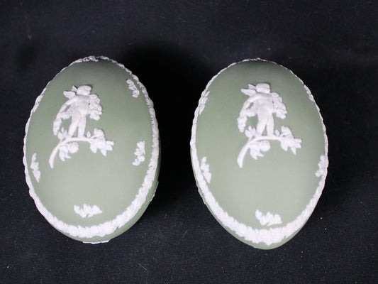 Wedgwood Celadon Green Jasperware Egg Trinket Box with White Bas-Relief Cherub Set of Two