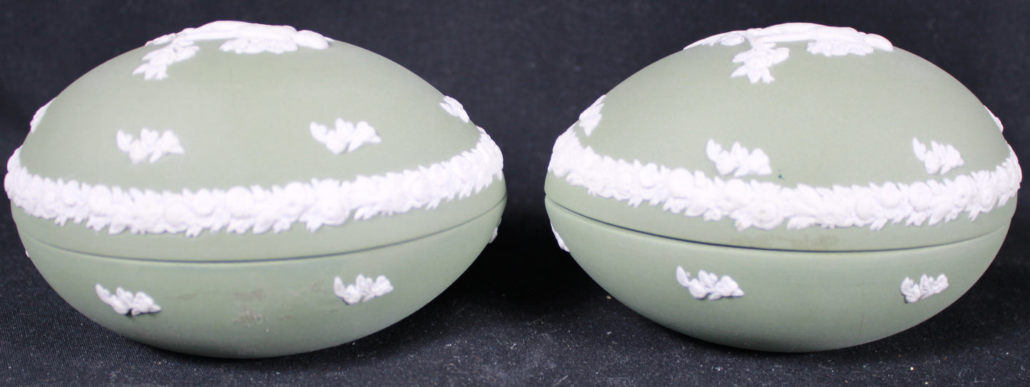 Wedgwood Celadon Green Jasperware Egg Trinket Box with White Bas-Relief Cherub Set of Two
