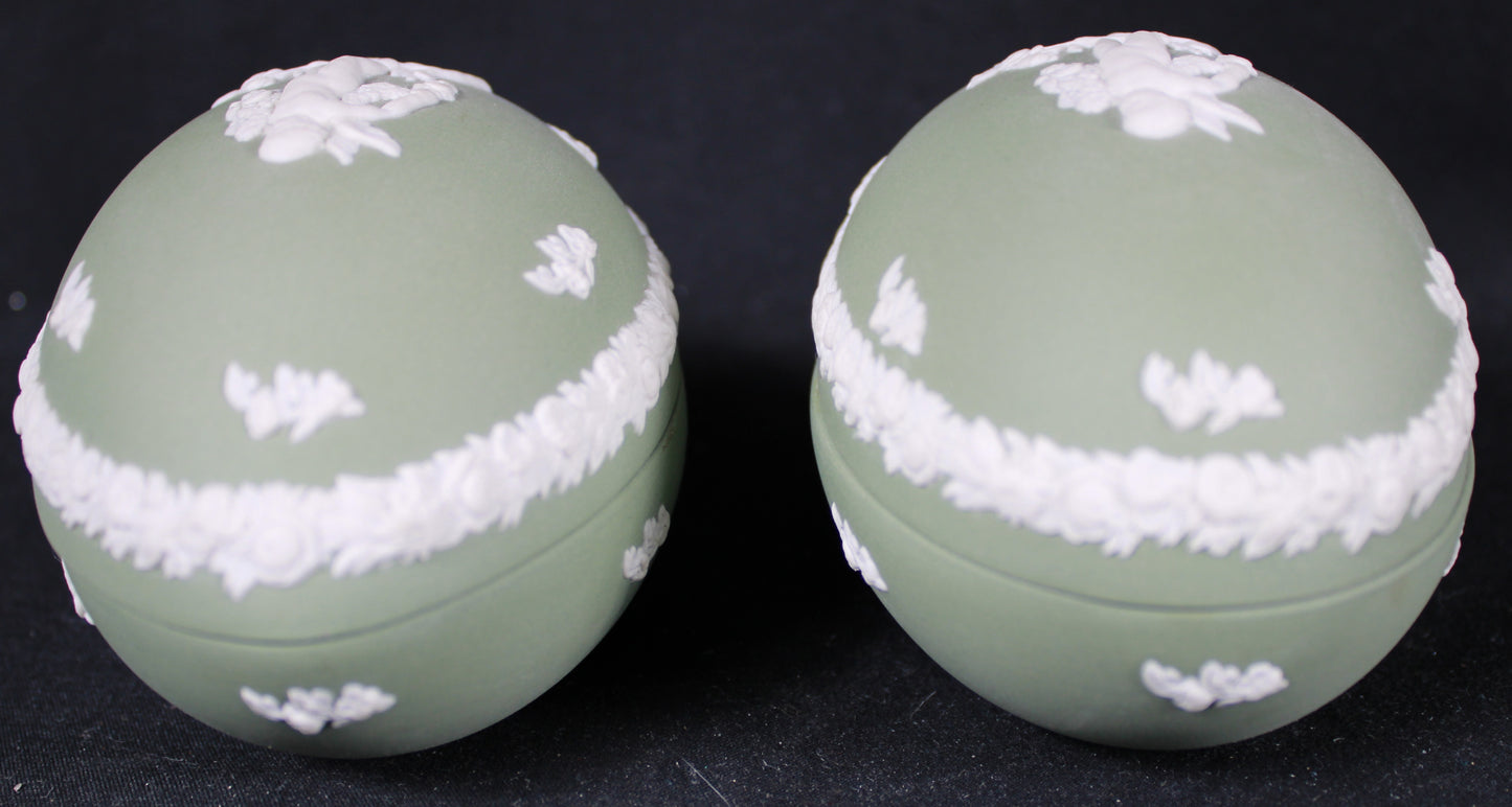 Wedgwood Celadon Green Jasperware Egg Trinket Box with White Bas-Relief Cherub Set of Two