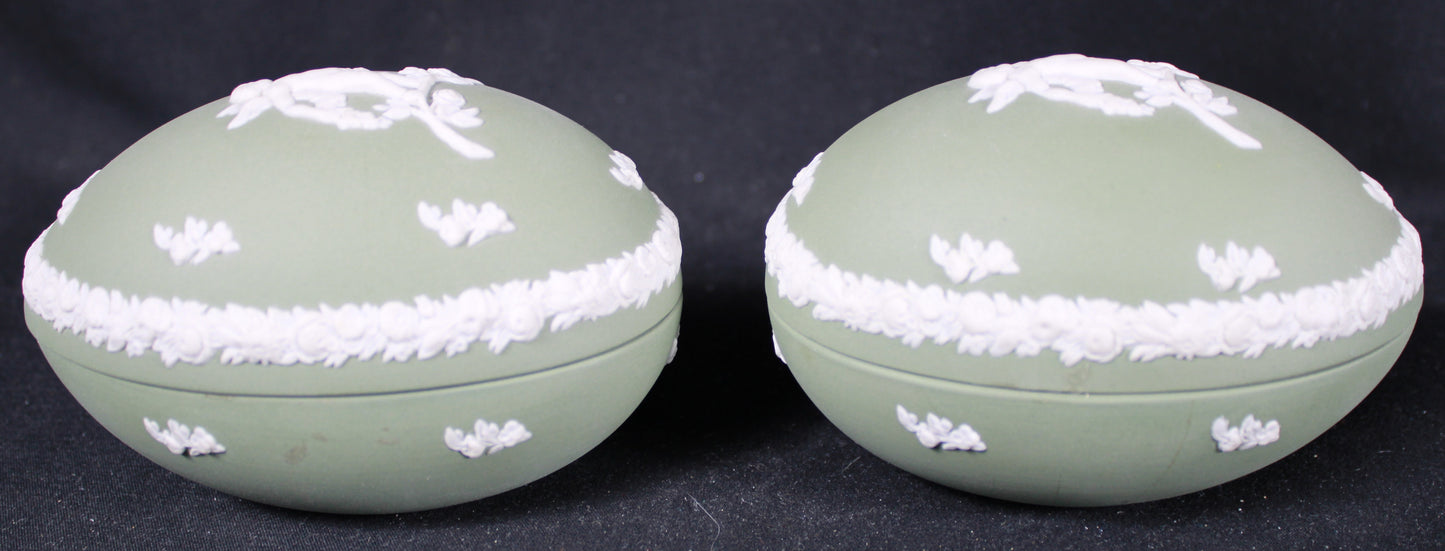 Wedgwood Celadon Green Jasperware Egg Trinket Box with White Bas-Relief Cherub Set of Two