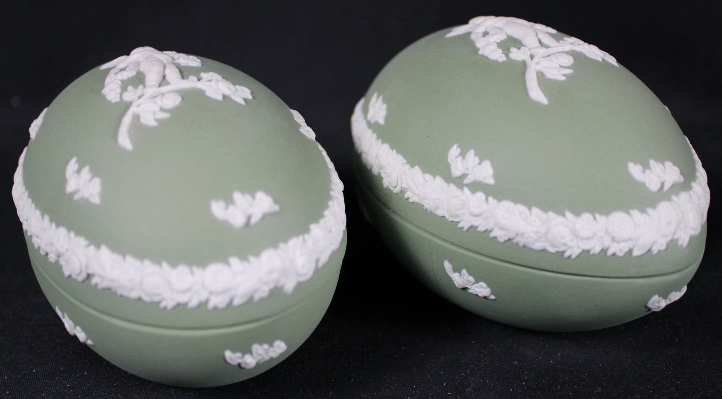 Wedgwood Celadon Green Jasperware Egg Trinket Box with White Bas-Relief Cherub Set of Two