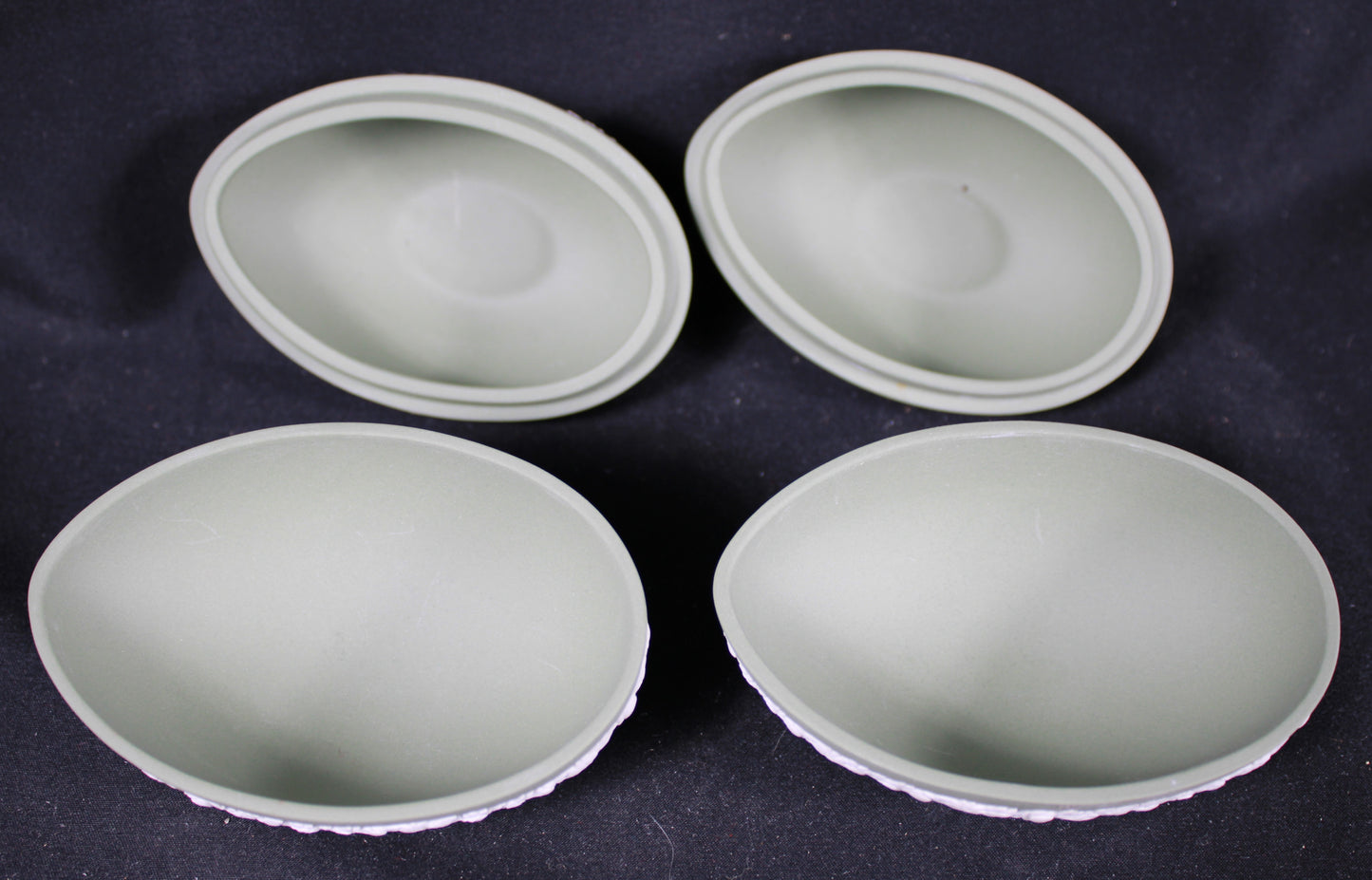 Wedgwood Celadon Green Jasperware Egg Trinket Box with White Bas-Relief Cherub Set of Two