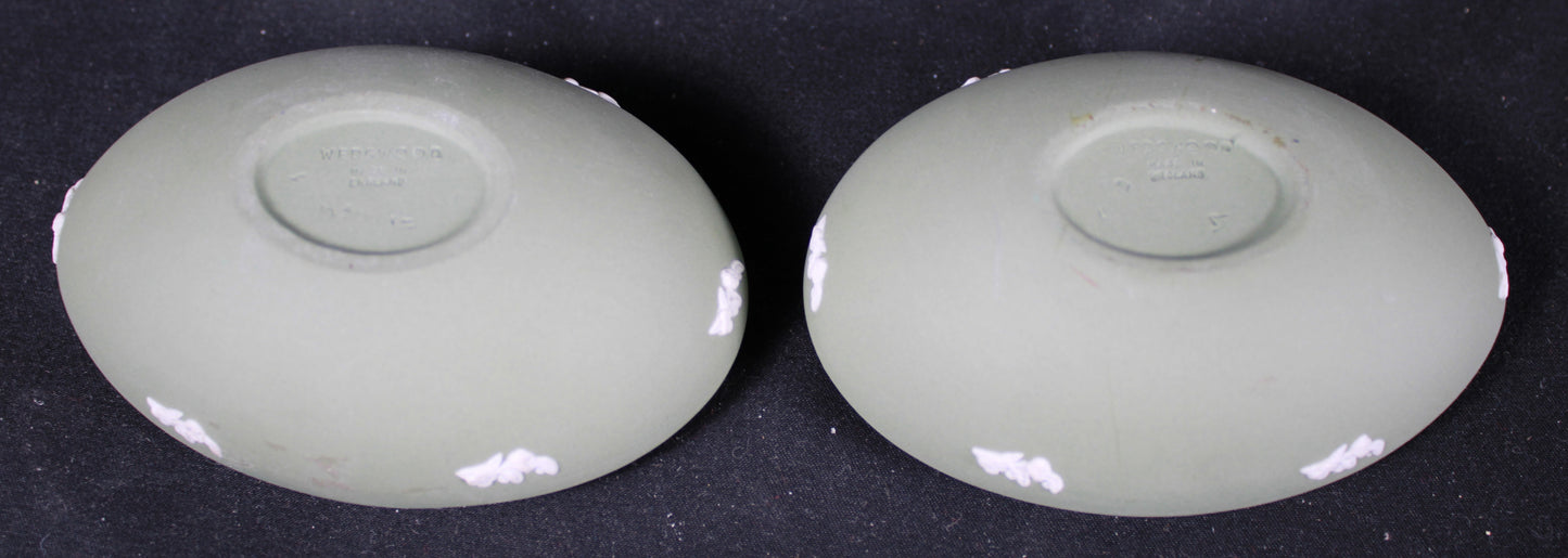 Wedgwood Celadon Green Jasperware Egg Trinket Box with White Bas-Relief Cherub Set of Two