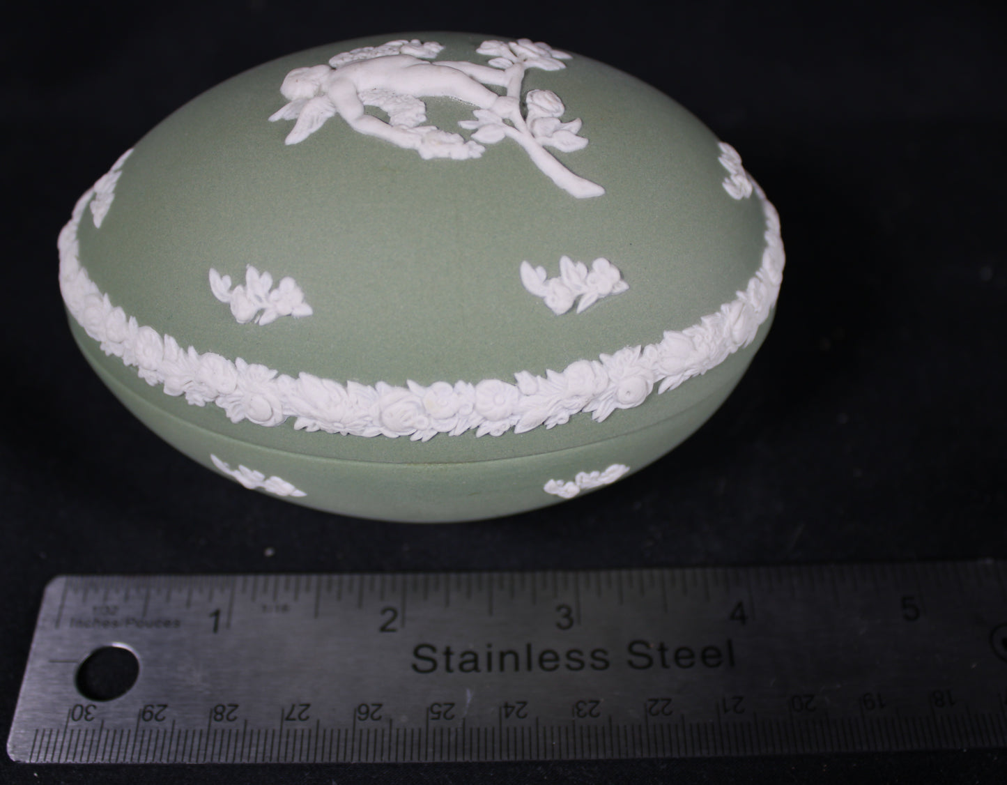 Wedgwood Celadon Green Jasperware Egg Trinket Box with White Bas-Relief Cherub Set of Two