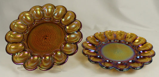 Set of Two Hobnail Carnival Glass Egg Plates
