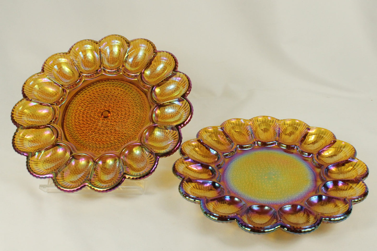 Set of Two Hobnail Carnival Glass Egg Plates