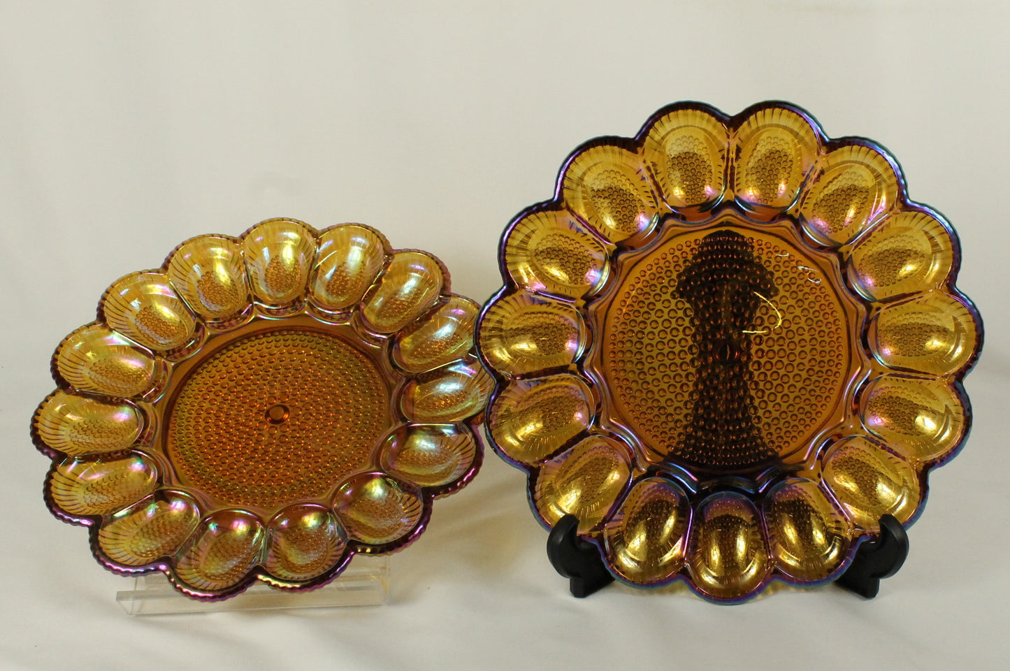 Set of Two Hobnail Carnival Glass Egg Plates