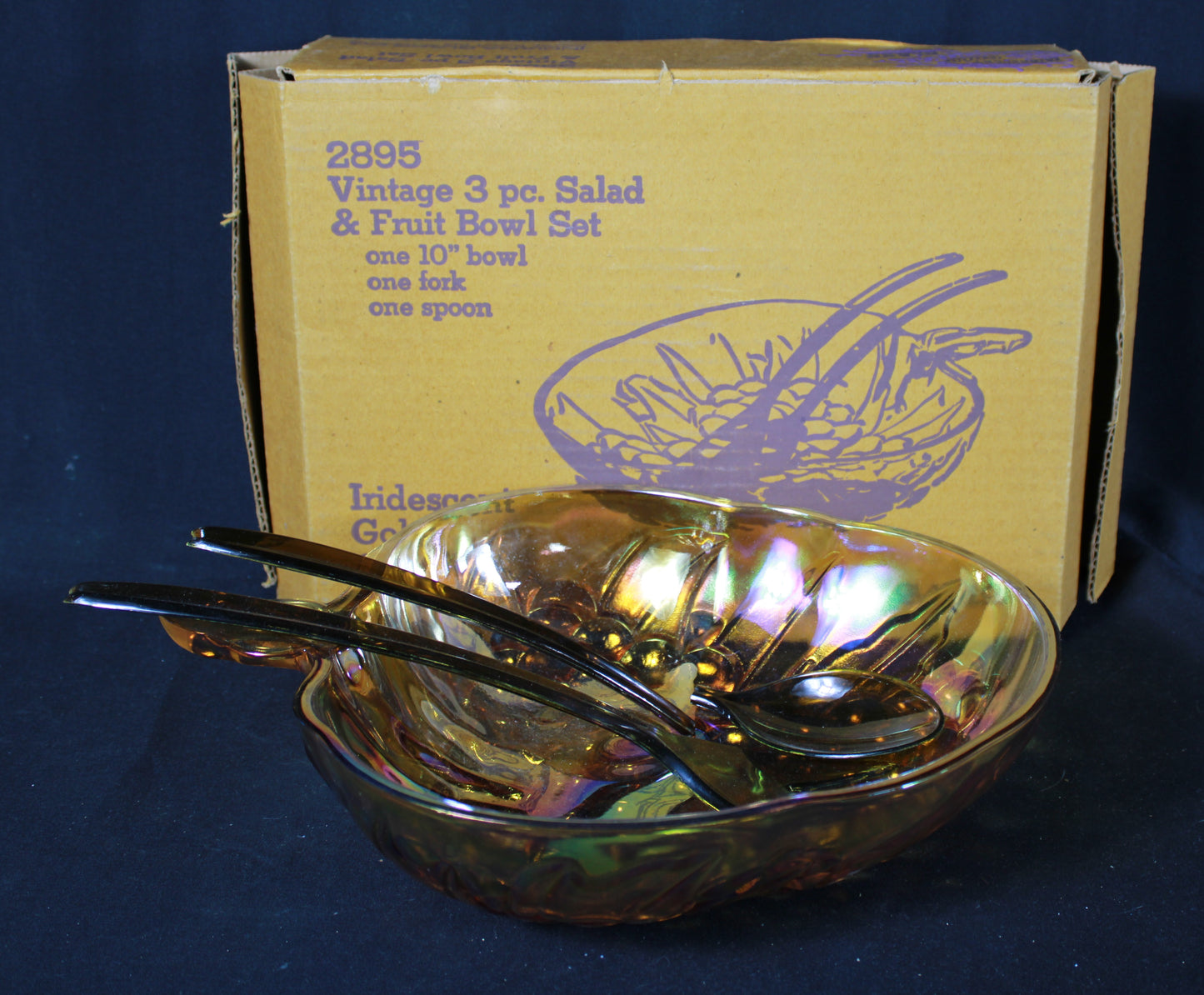 Vintage Indiana Glass Iridescent Gold Carnival Glass 3 Piece Salad and Fruit Bowl Set with Original Box