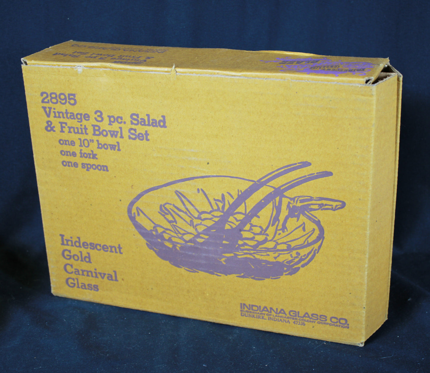 Vintage Indiana Glass Iridescent Gold Carnival Glass 3 Piece Salad and Fruit Bowl Set with Original Box