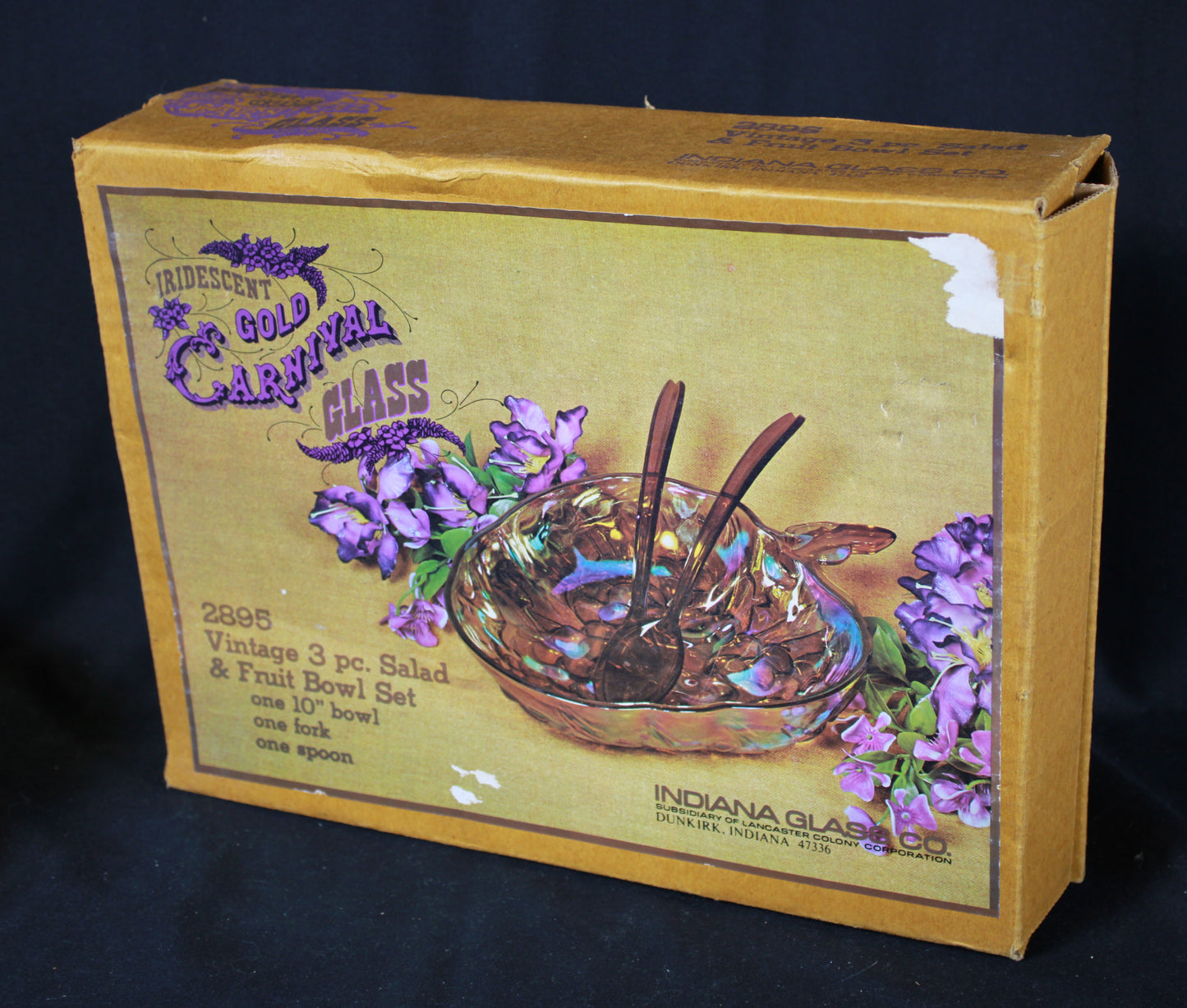 Vintage Indiana Glass Iridescent Gold Carnival Glass 3 Piece Salad and Fruit Bowl Set with Original Box