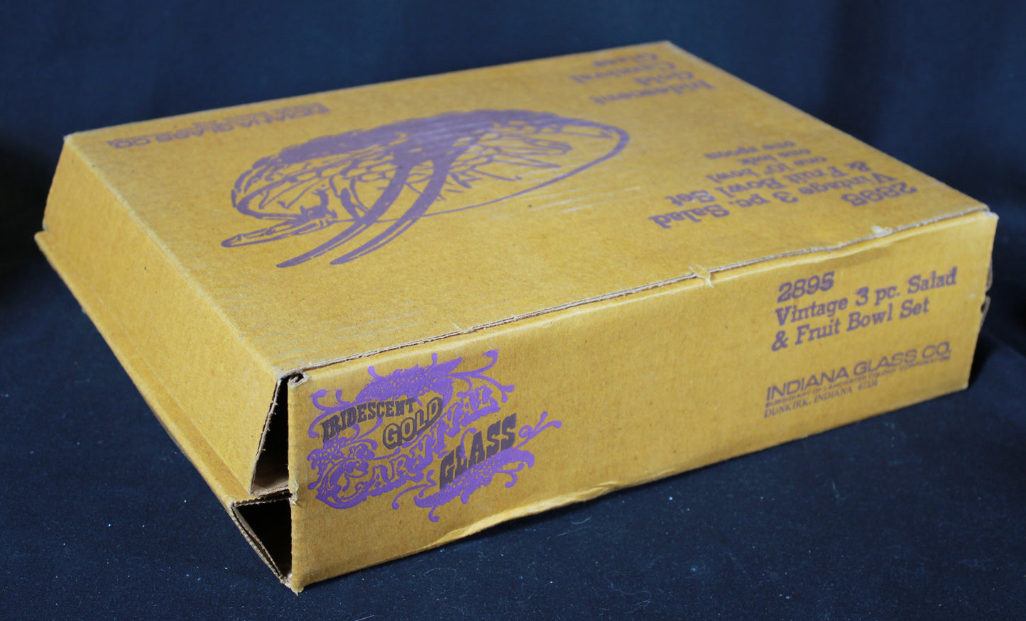 Vintage Indiana Glass Iridescent Gold Carnival Glass 3 Piece Salad and Fruit Bowl Set with Original Box