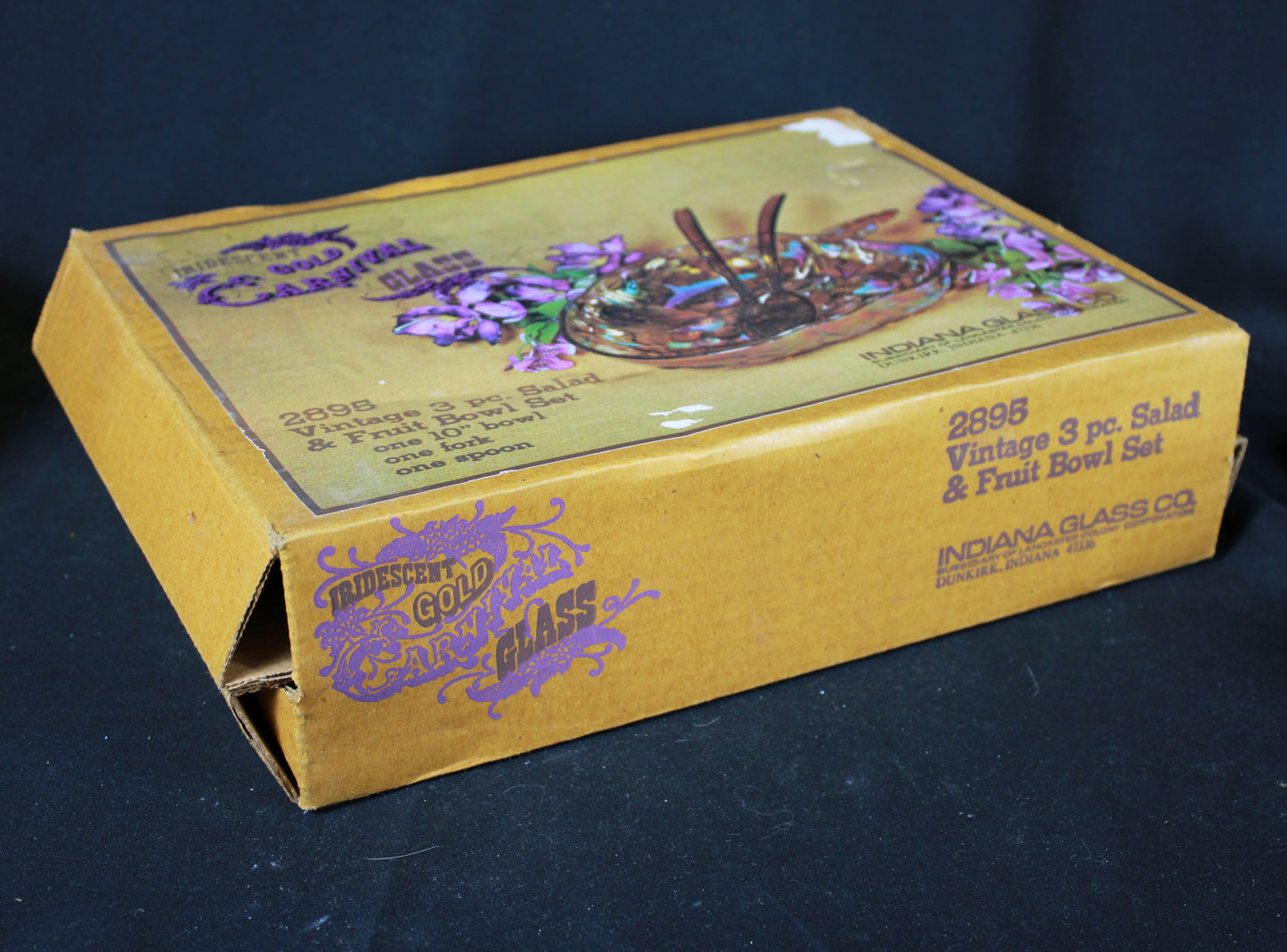 Vintage Indiana Glass Iridescent Gold Carnival Glass 3 Piece Salad and Fruit Bowl Set with Original Box