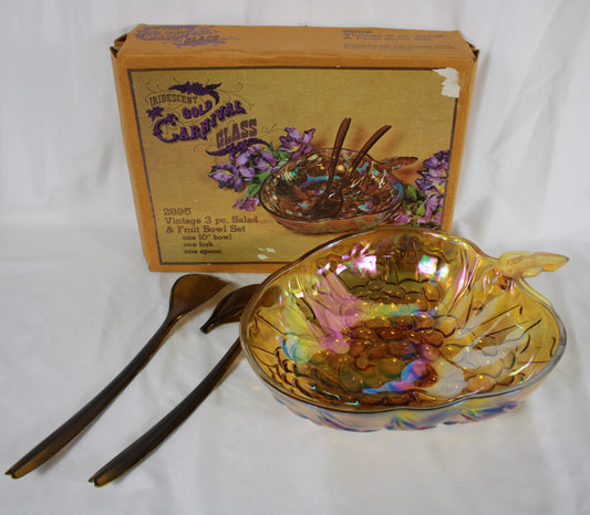Vintage Indiana Glass Iridescent Gold Carnival Glass 3 Piece Salad and Fruit Bowl Set with Original Box