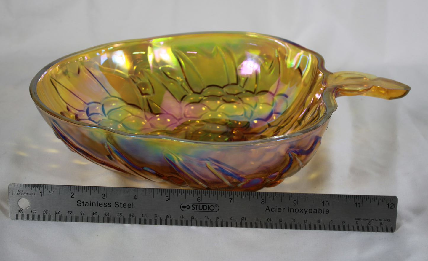 Vintage Indiana Glass Iridescent Gold Carnival Glass 3 Piece Salad and Fruit Bowl Set with Original Box