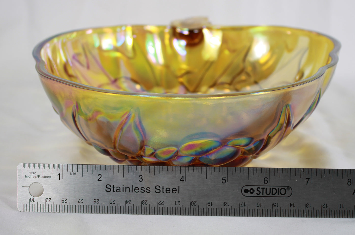 Vintage Indiana Glass Iridescent Gold Carnival Glass 3 Piece Salad and Fruit Bowl Set with Original Box