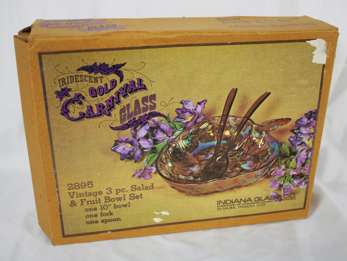 Vintage Indiana Glass Iridescent Gold Carnival Glass 3 Piece Salad and Fruit Bowl Set with Original Box