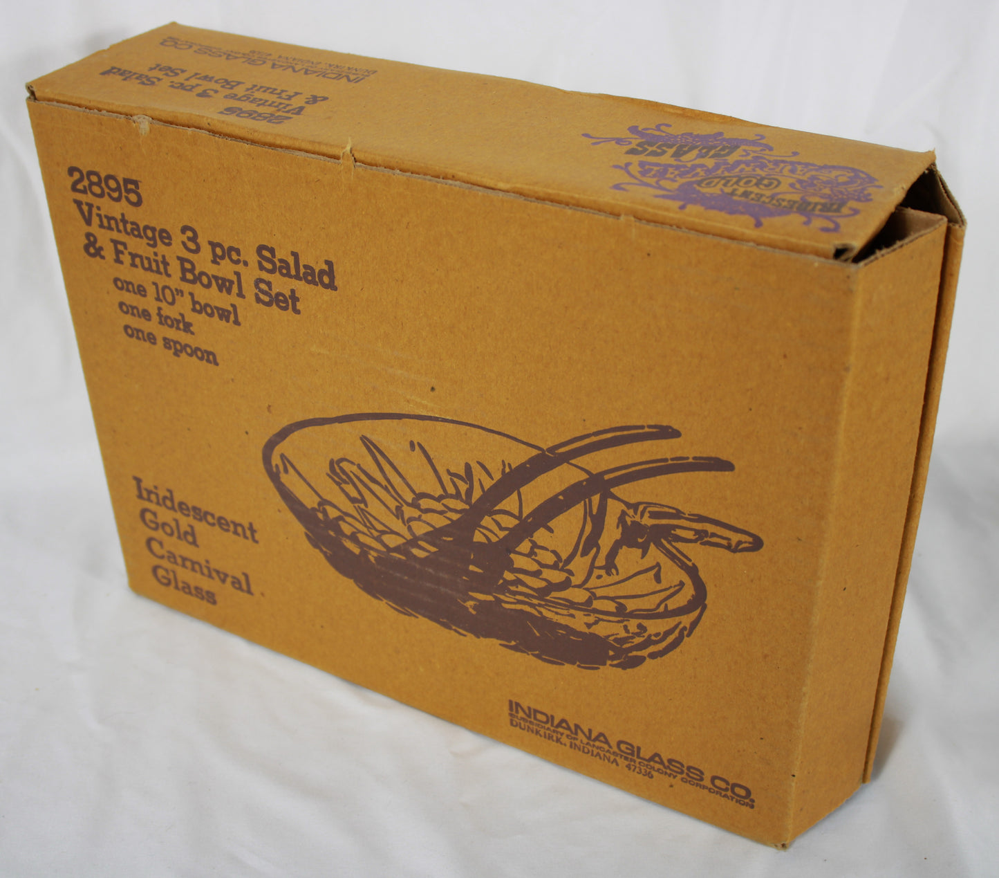 Vintage Indiana Glass Iridescent Gold Carnival Glass 3 Piece Salad and Fruit Bowl Set with Original Box