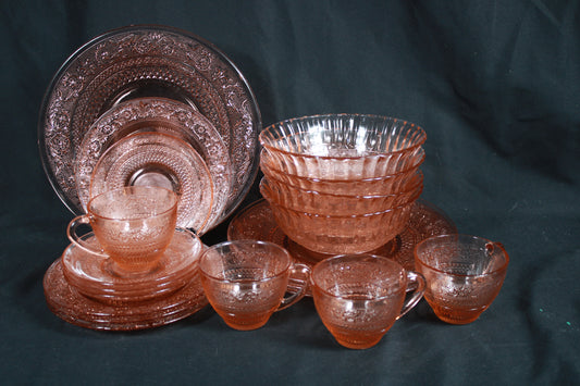 Stunning Vintage KIG Indonesia Pink 12-Piece Glass Dinnerware Set