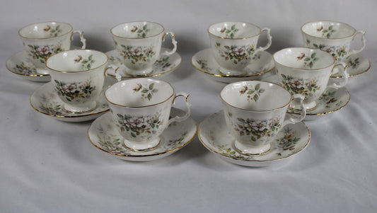Set of 8 Royal Albert Haworth Bone China Tea Cups and Saucers