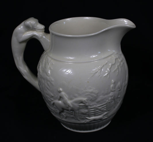 Vintage Wedgwood Etruria & Barlaston Creamware Fox Hunt Pitcher with Hound Handle