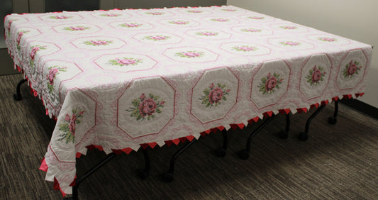 Hand-Embroidered Double Size Rose Medallion Quilt with Prairie Point Trim