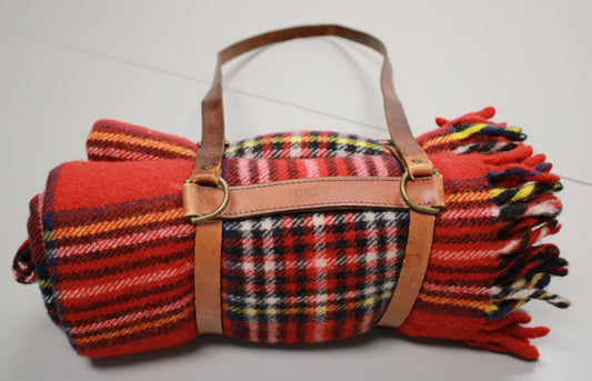 J. Crew Tartan Wool Picnic Blanket with Leather Carrier