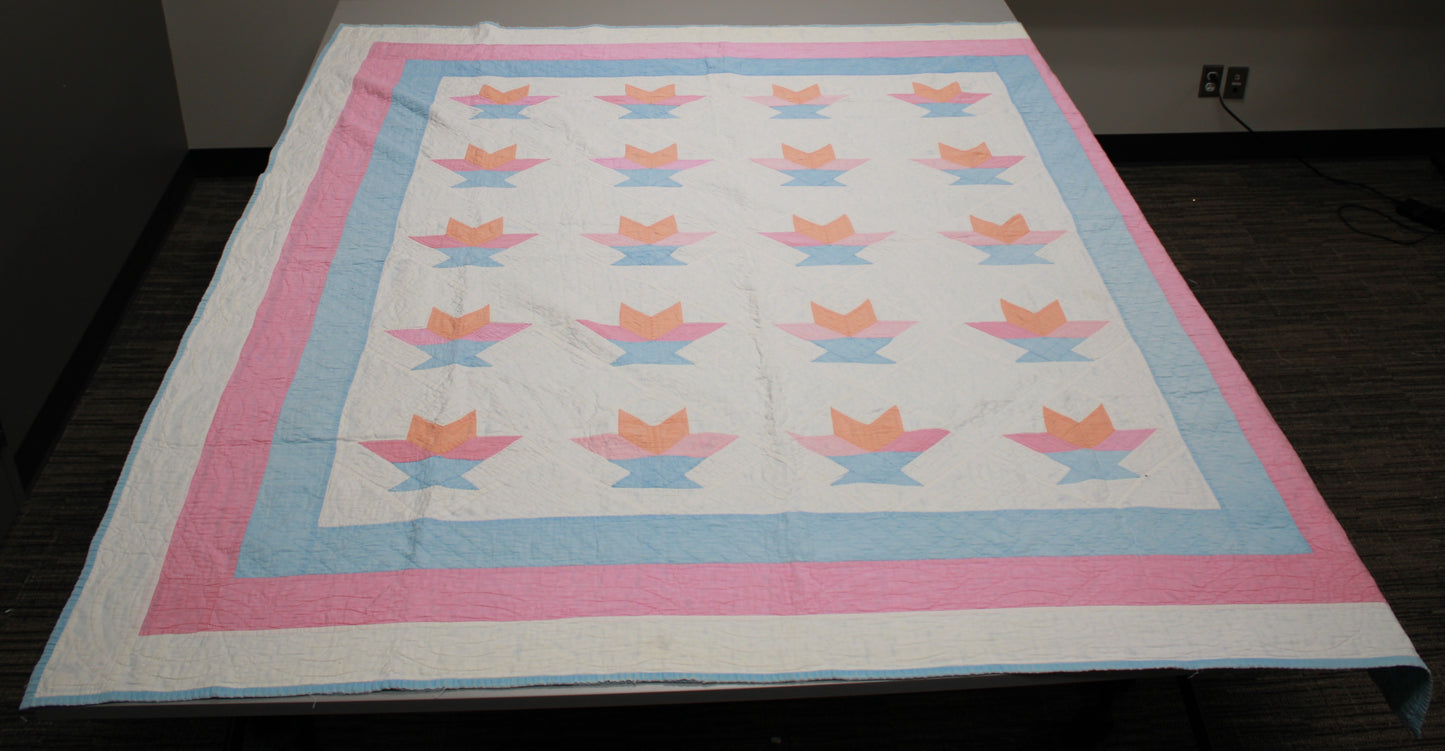 Hand-Quilted Vintage Basket Quilt Queen Size