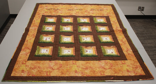Handmade Single Size Log Cabin Butterfly Quilt with "Beheld, Beloved, Belong" Inscription