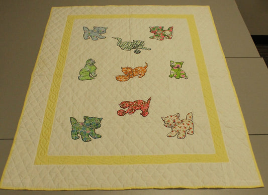 Vintage Appliqué Kitty Cat Crib Quilt/Play Mat (Yellow & Floral Prints)